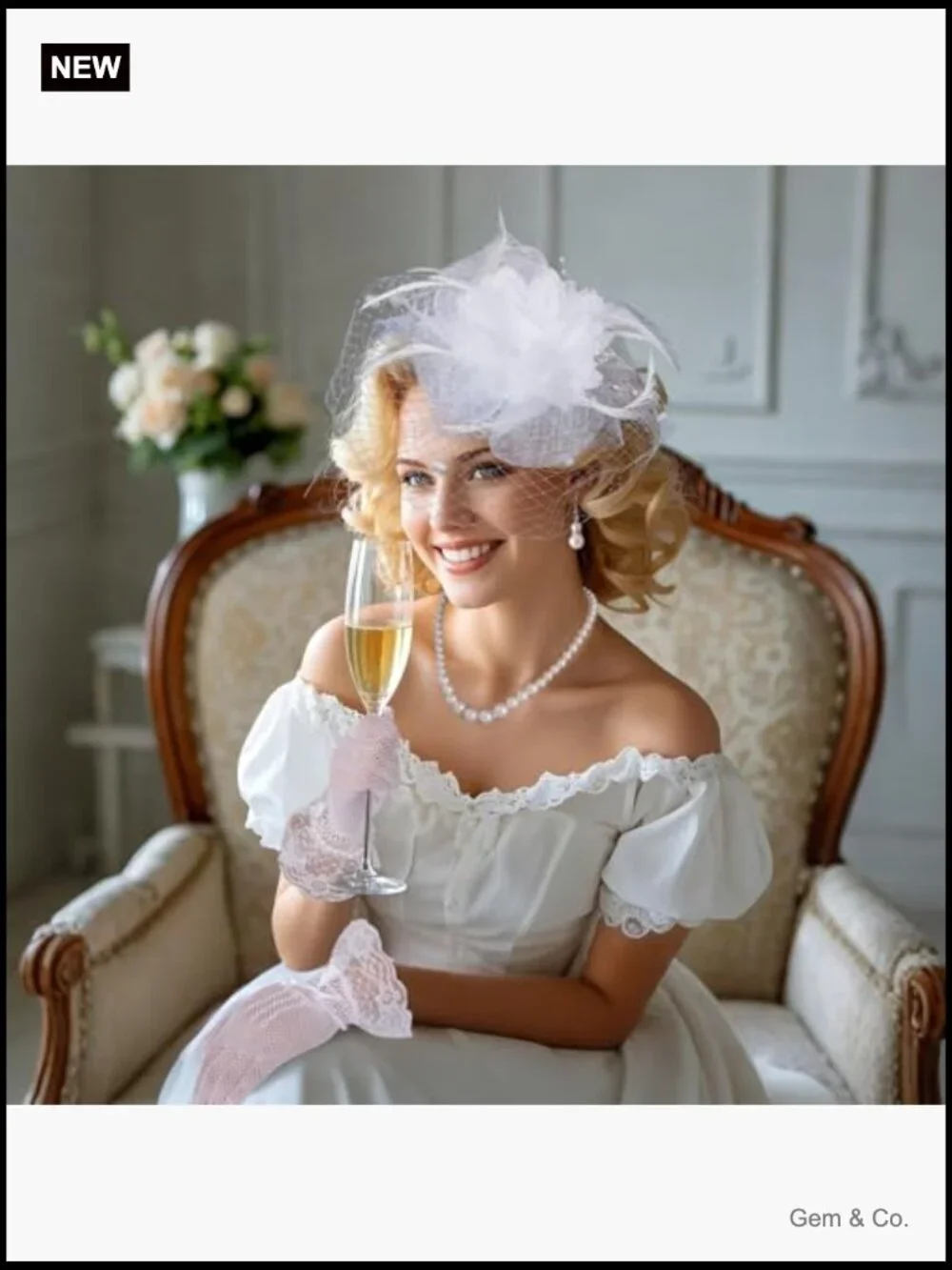 Tea Party Hat and Gloves Set - Fascinator with Pearl Jewelry - Picture 6 of 6